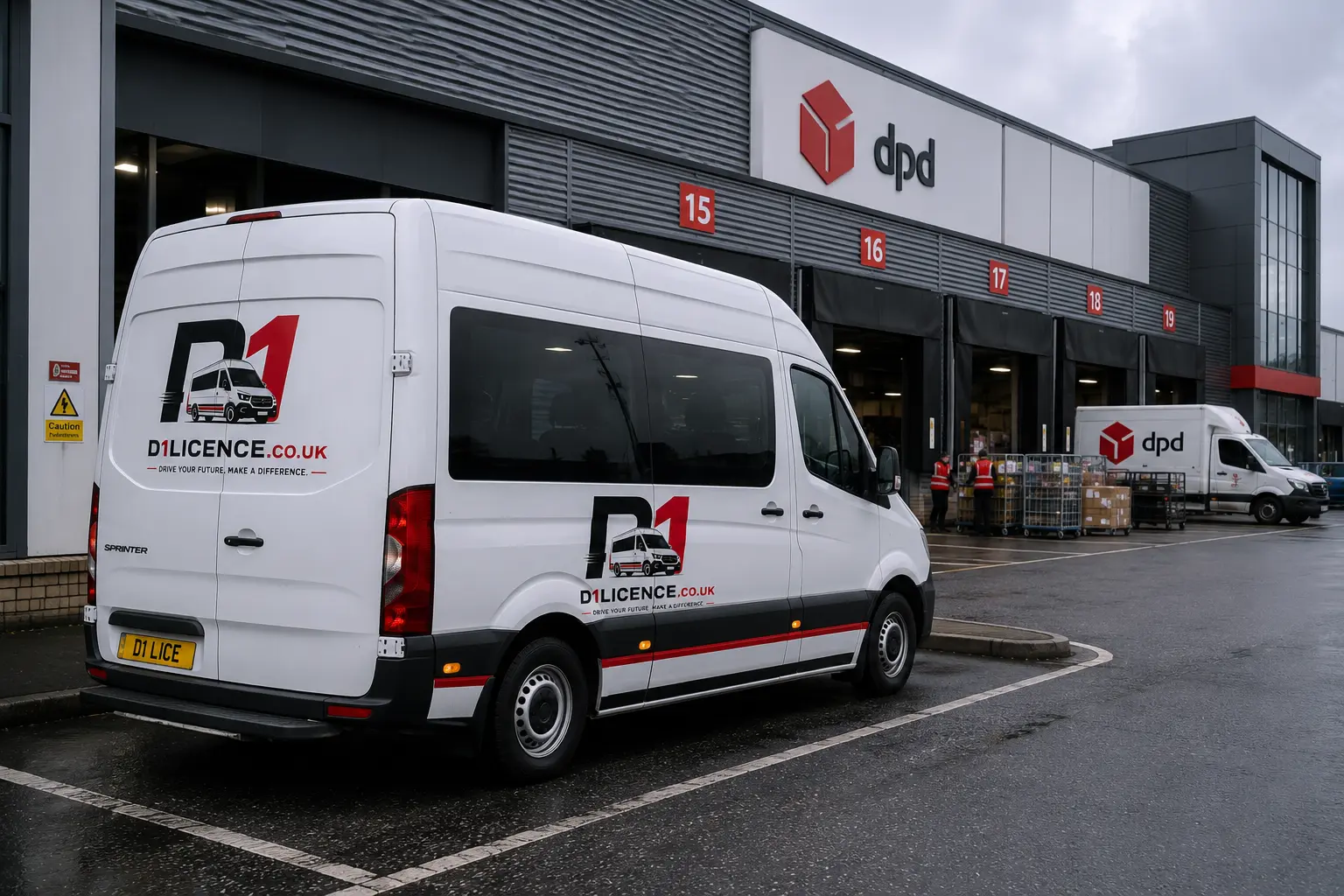 Branded D1 minibus at a logistics hub for workplace and fleet passenger transport training