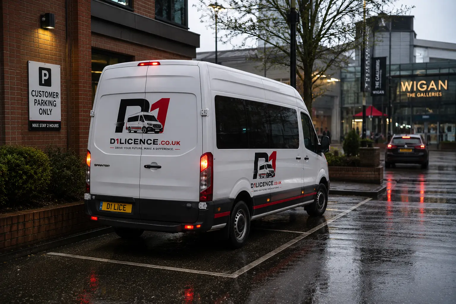 D1 training minibus parked in Wigan before practical training