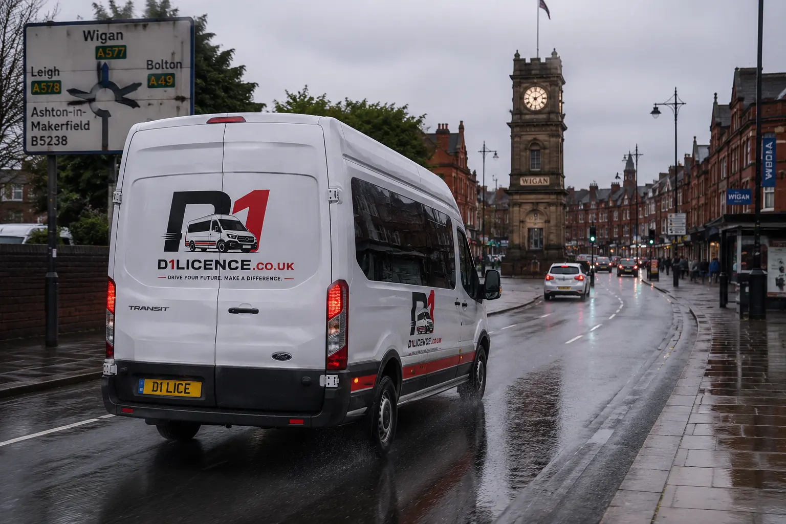 D1 training minibus driving through Wigan in the North West
