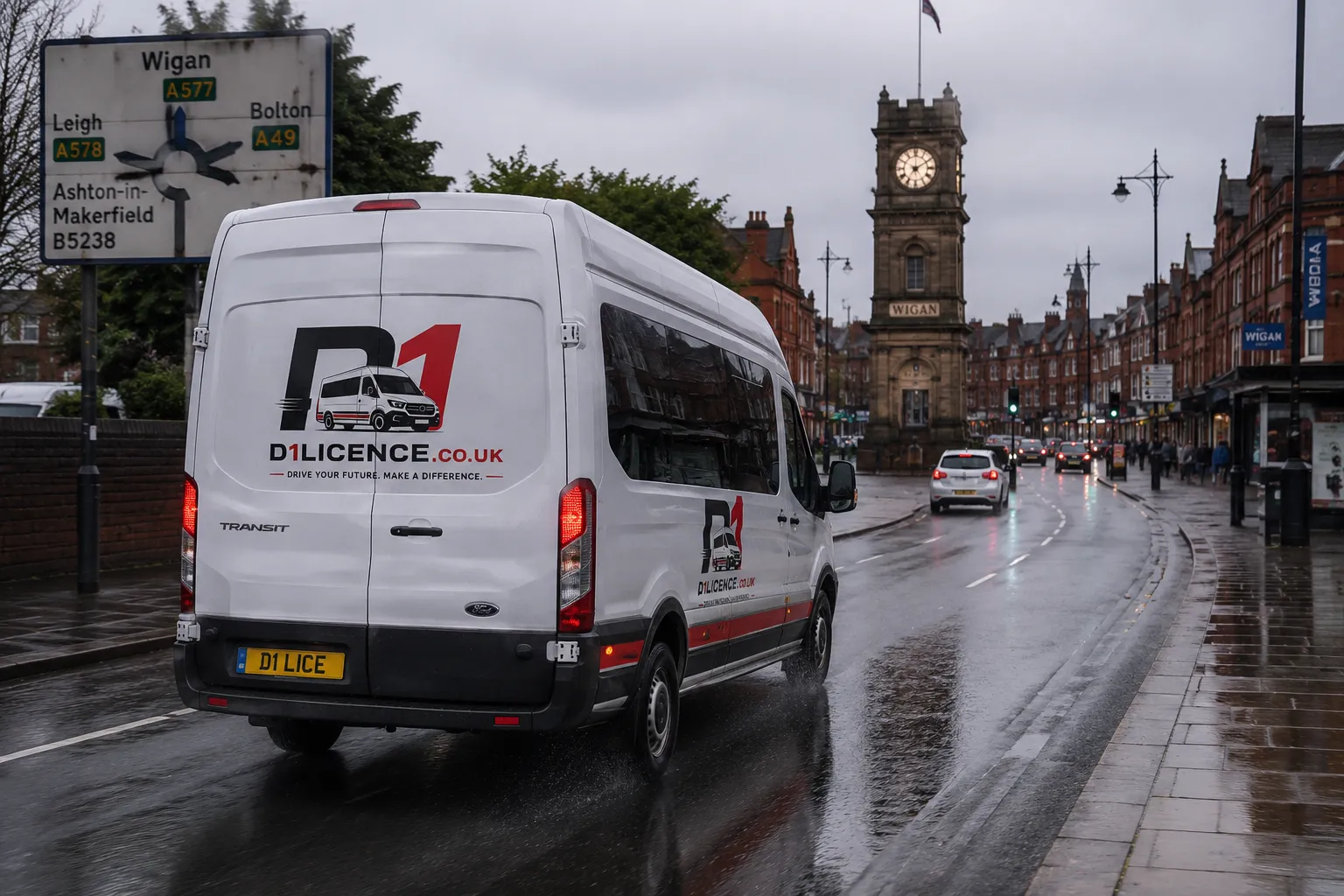 D1 training minibus driving through Wigan
